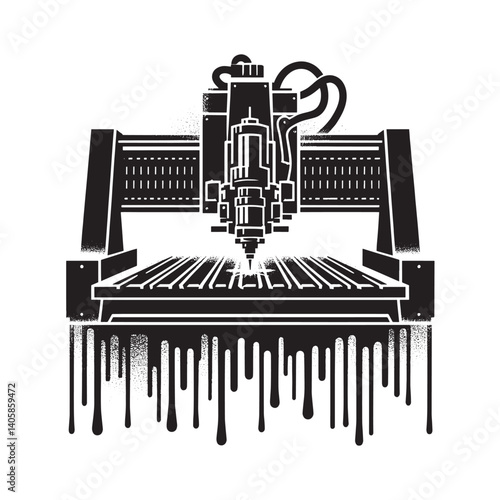 Striking monochromatic illustration of a CNC machine with unique drizzles effect