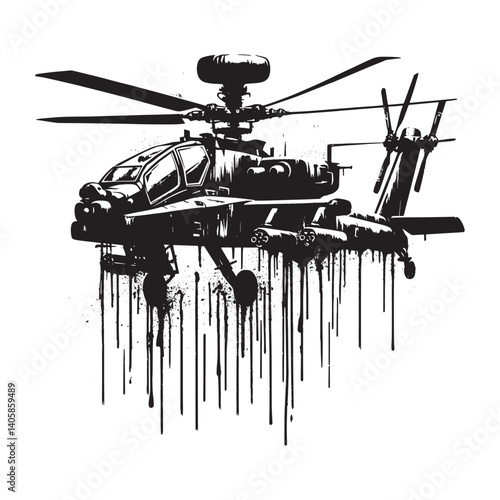 Striking monochromatic illustration of an attack helicopter with grunge drips