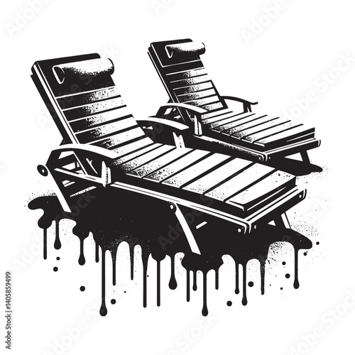 Striking monochrome illustration of chaise lounges with dripping paint effect
