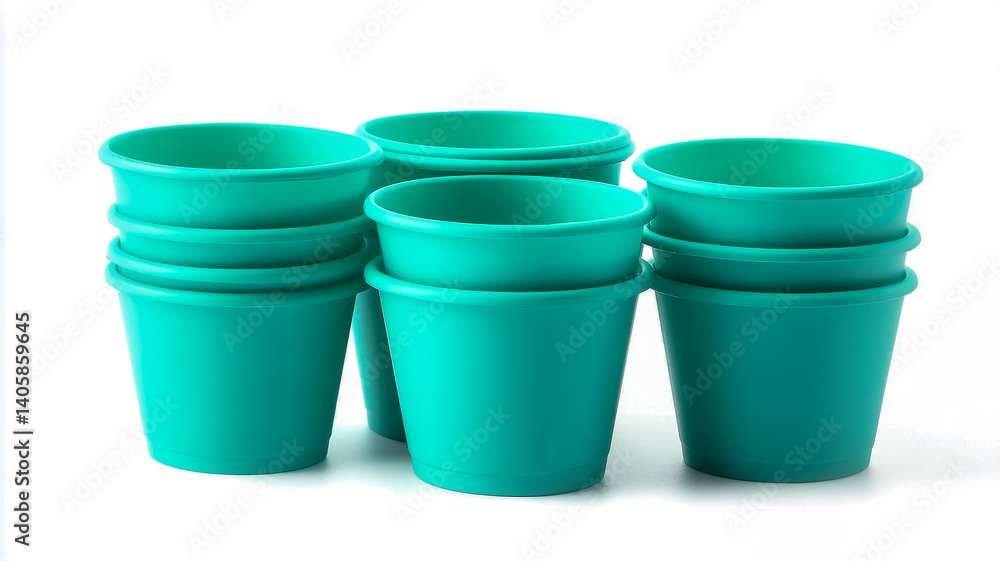 Plastic cups, turquoise in color, 20 pieces in one package, isolated on a white background, product photography. Plastic cups, turquoise in color, 20 pieces in one package, isolated on a white background, product photography.