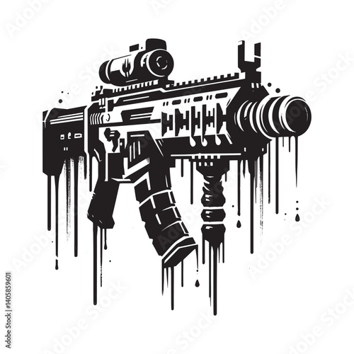 Stylized assault rifle illustration with dripping ink effect on white background