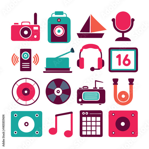 Colorful Retro Media and Entertainment Vector Icon Set