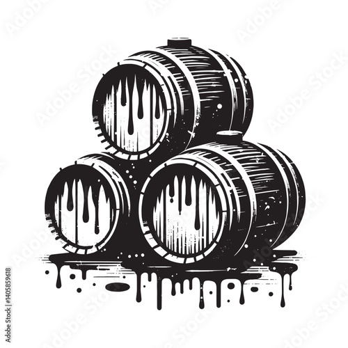 Stylized barrel aging casks in grunge vector illustration, black and white artwork