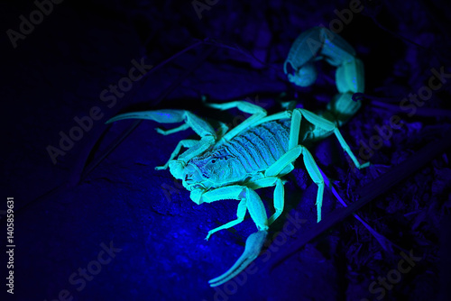 Obraz na plátne Closeup of the Arabian Black Tailed Scorpion Hottentotta salei from Oman, fluorescing in the desert under UV light at night