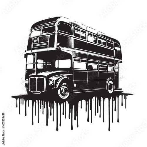Stylized Black and White Double Decker Bus with Dripping Paint Effect