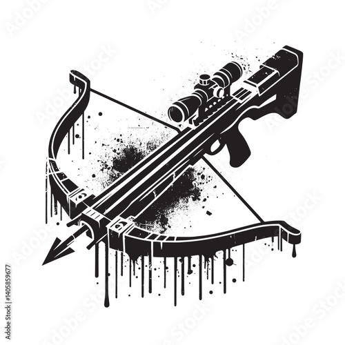 Stylized black and white crossbow with dripping spray paint aesthetic