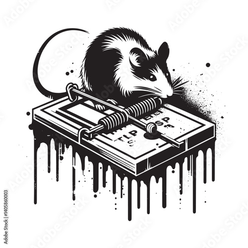 Stylized depiction of a rodent trap with a grunge and dripping effect