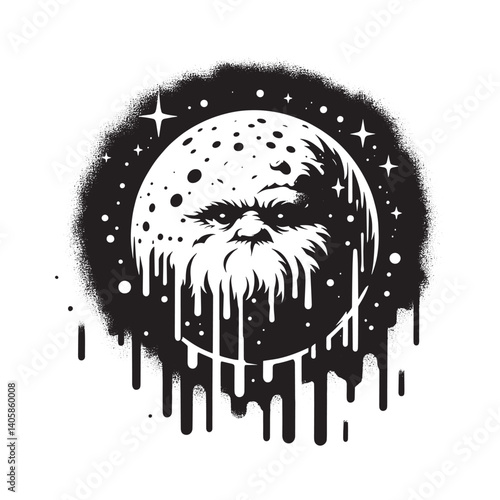 Stylized dwarf planet with expressive facial features and dripping paint effect