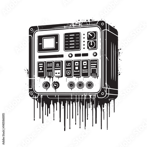 Stylized Electric Control Panel with Grunge Effects in Black and White