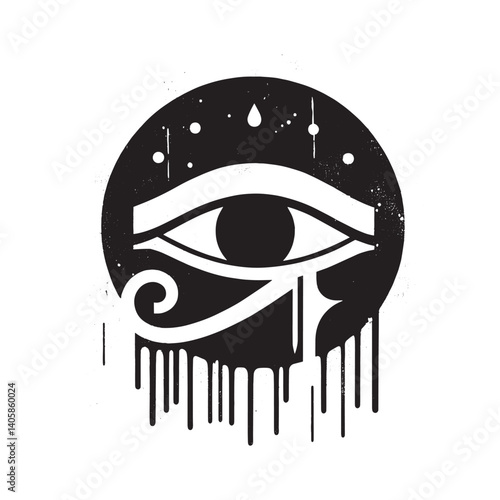 Stylized Eye of Horus Symbol in Monochrome with Spray Paint Drip Effect