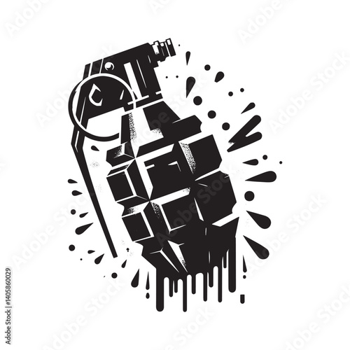 Stylized Flashbang Grenade Illustration with Grungy Drip Effect in Black and White