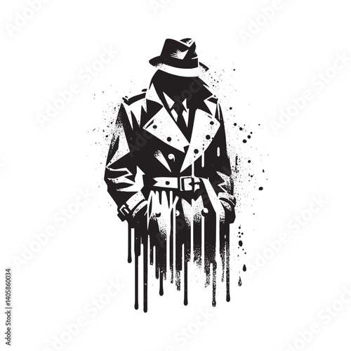 Stylized figure in coat and hat with dripping paint effect in black and white