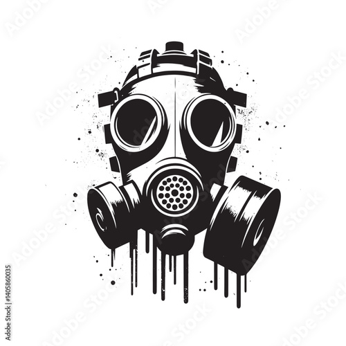 Stylized gas mask design with grunge drips in black and white vector format