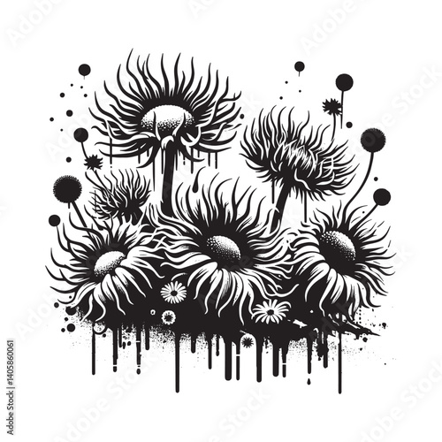 Stylized garden flowers graphic art with grunge texture and spray paint effect