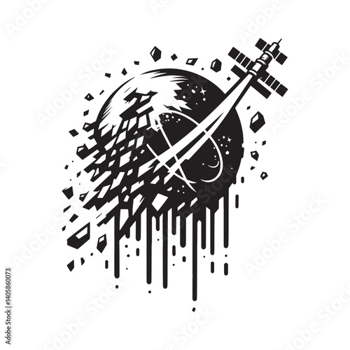 Stylized grunge illustration of a satellite encountering space debris field