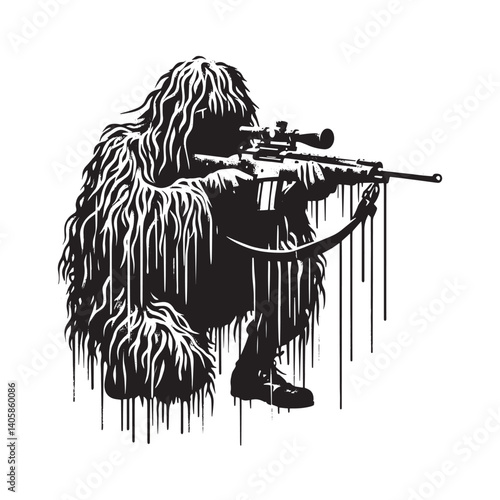 Stylized Ghillie Suit Sniper Illustration in Black and White Vector Art