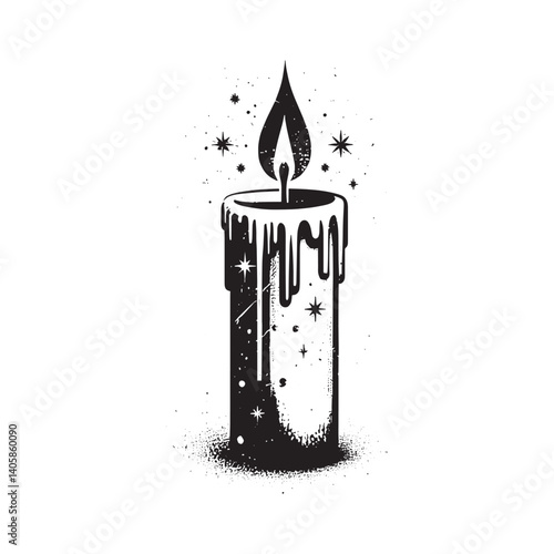 Stylized graphic of a candle with dripping wax in minimalist black and white