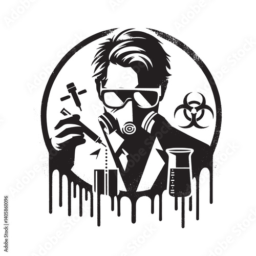 Stylized grunge research scientist illustration with toxic hazard symbol
