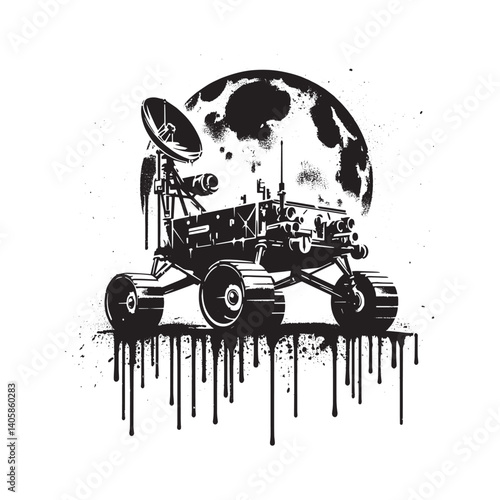 Stylized lunar rover illustration against the backdrop of a grayscale moon