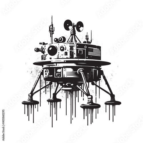 Stylized lunar lander illustration with grunge and dripping effects