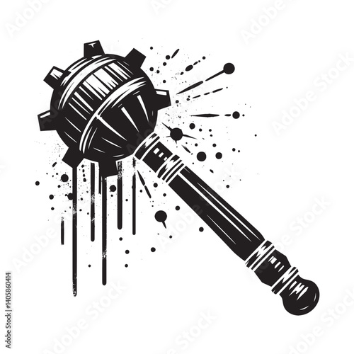 Stylized mace with grunge effects, medieval weapon in cutout style vector illustration