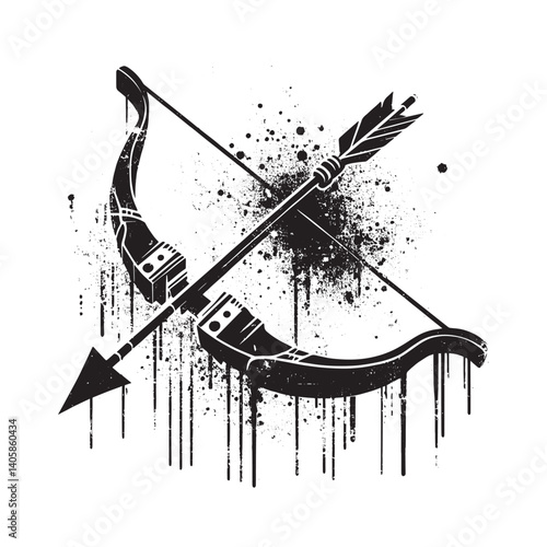 Stylized Longbow Graphic with Grunge Texture and Dripping Paint Effect