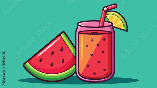 Refreshing watermelon juice in a clear glass with a striped straw and vibrant fruit slices on a bright background