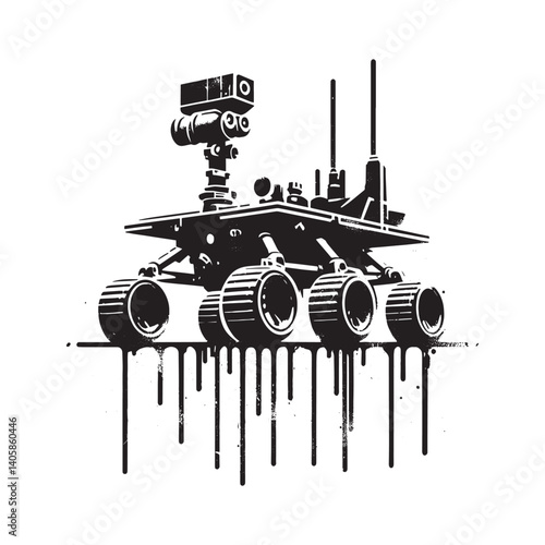 Stylized Mars Rover Illustration in Black and White Stencil Design