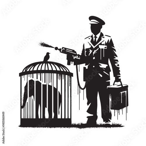 Stylized monochrome depiction of wildlife in confinement with a spray effect