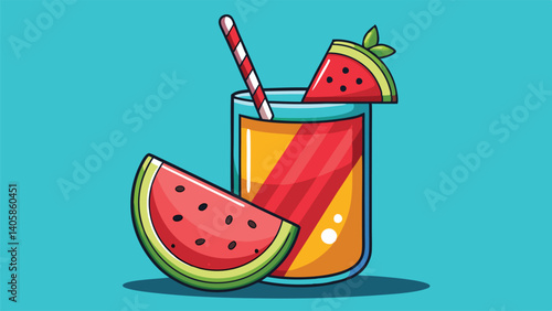 Refreshing watermelon juice in a clear glass with a striped straw and vibrant fruit slices on a bright background