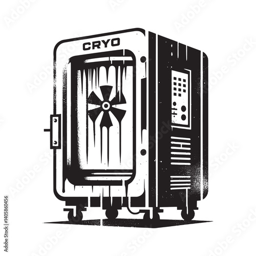Stylized monochrome cryo chamber illustration in grunge vector design