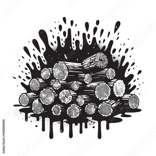 Stylized monochromatic firewood stack with abstract dripping design elements