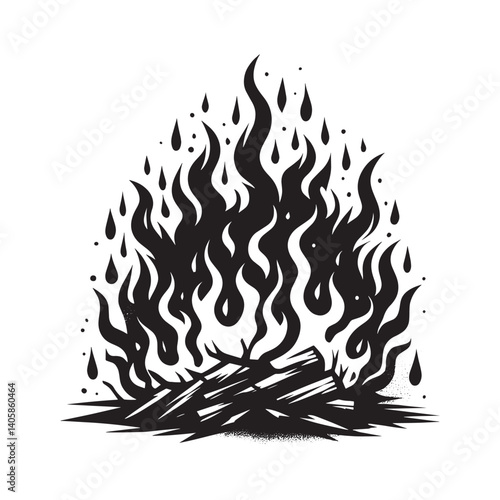 Stylized monochrome fire illustration in grunge stencil aesthetic design