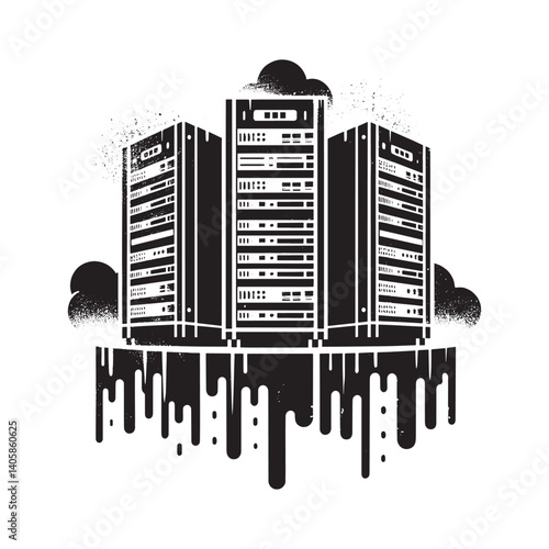 Stylized rendering of server racks with grunge drips and cloud computing elements