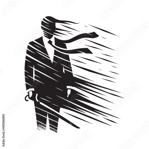 Stylized silhouette of a businessman caught in a powerful windstorm