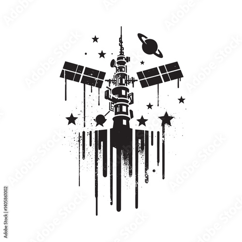 Stylized space communication network with dripping paint effect artwork