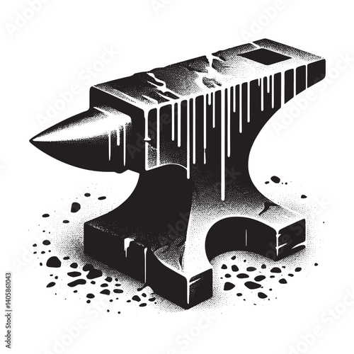 Stylized Stone Anvil Illustration with Dripping Effect and Grunge Textures