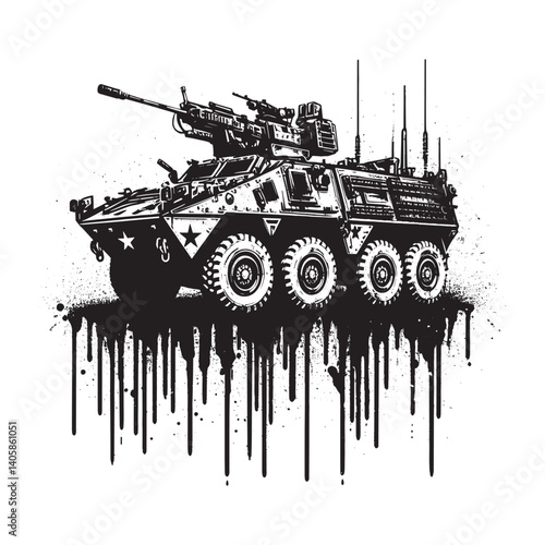 Stylized Stryker Combat Vehicle Illustration in Black and White with Grunge Elements