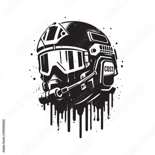 Stylized tactical helmet with spray paint drips and a stencil aesthetic