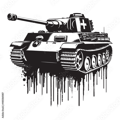 Stylized Tank Illustration with Spray Paint Effect on Isolated White