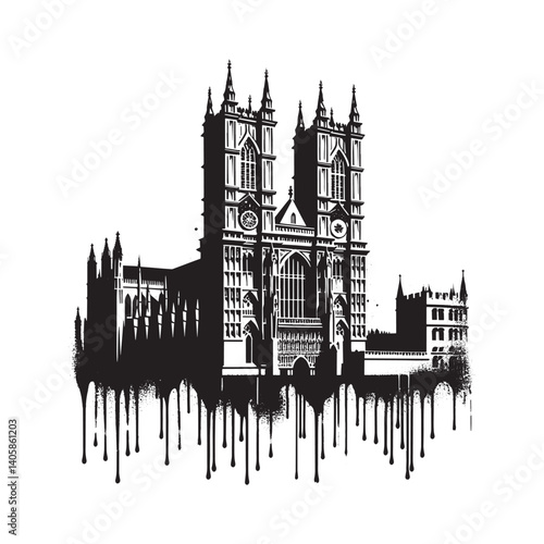 Stylized Westminster Abbey Depiction with Urban Drip Art Elements