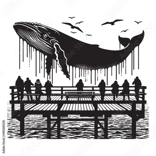 Stylized whale watching experience from a seaside pier illustration