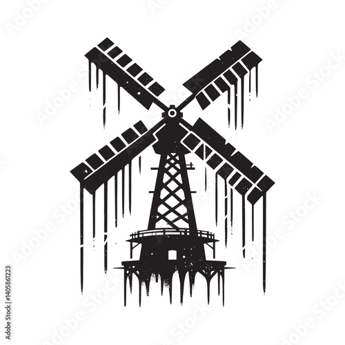 Stylized Windmill Silhouette Depicting Renewable Energy in Grungy Design