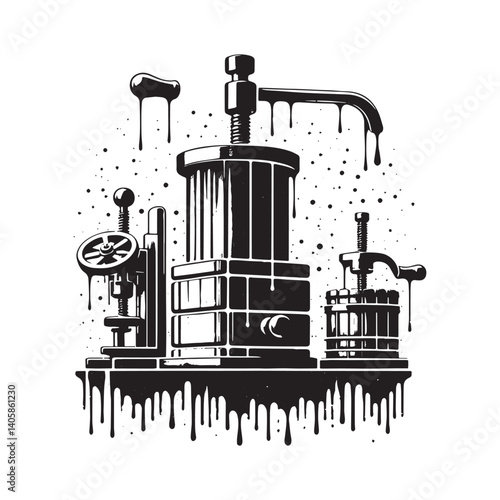 Stylized Wine Presses Silhouette with Dripping Spray Paint Effect Grunge
