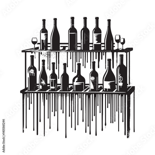 Stylized wine rack graphic with drip effect art, stencil look and flat elements