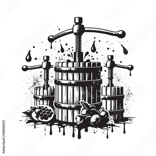 Stylized wine presses illustration with grunge elements in black and white