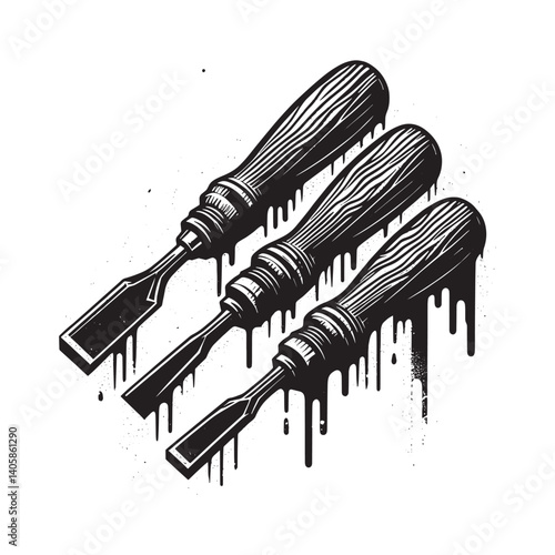 Stylized wooden chisels with a dripping paint effect in black and white art