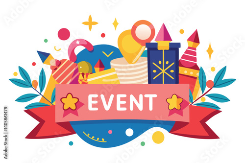 Colorful vector illustration depicting a vibrant event celebration with festive decorations and playful elements, perfect for promoting parties and gatherings in a cheerful atmosphere