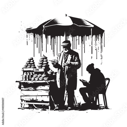 Urban bazaar scene in monochrome spray paint stencil, dripping art style