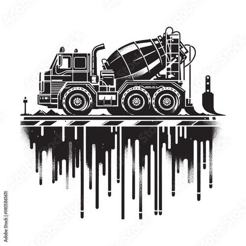 Urban development illustration featuring concrete mixer truck in grunge style